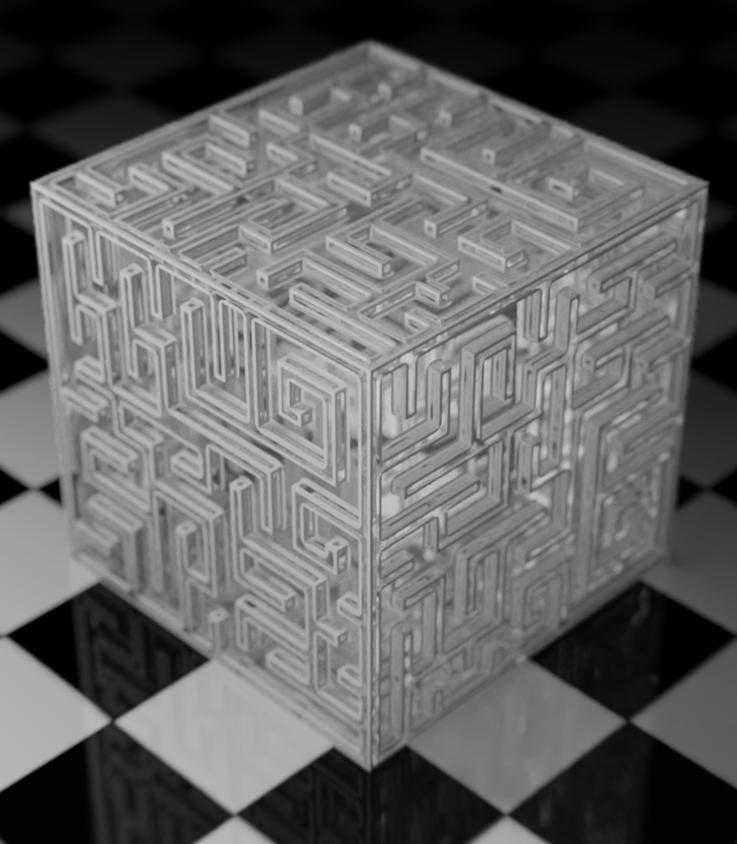 Rendu 3D représentant un cube dont les parois forment un labirynthe.